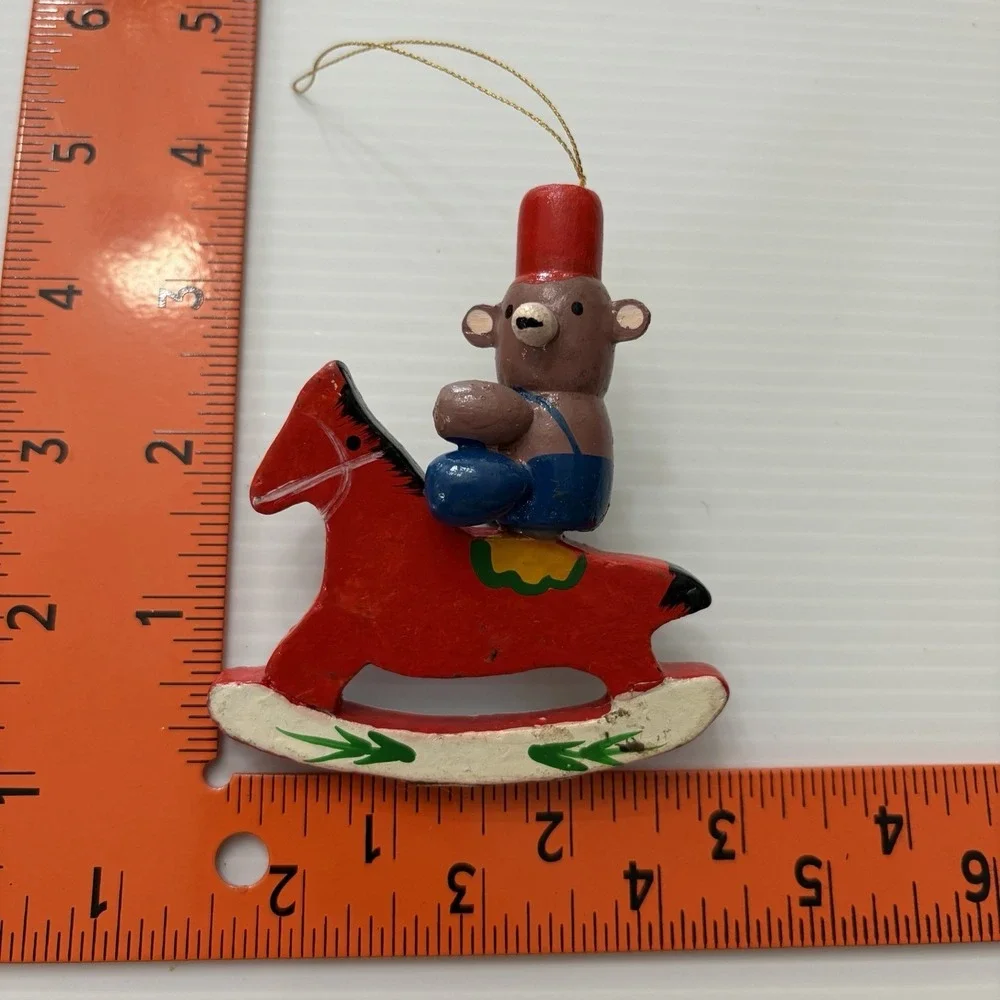 Vintage Wooden Bear Riding Rocking Horse Christmas Ornament Folk Art